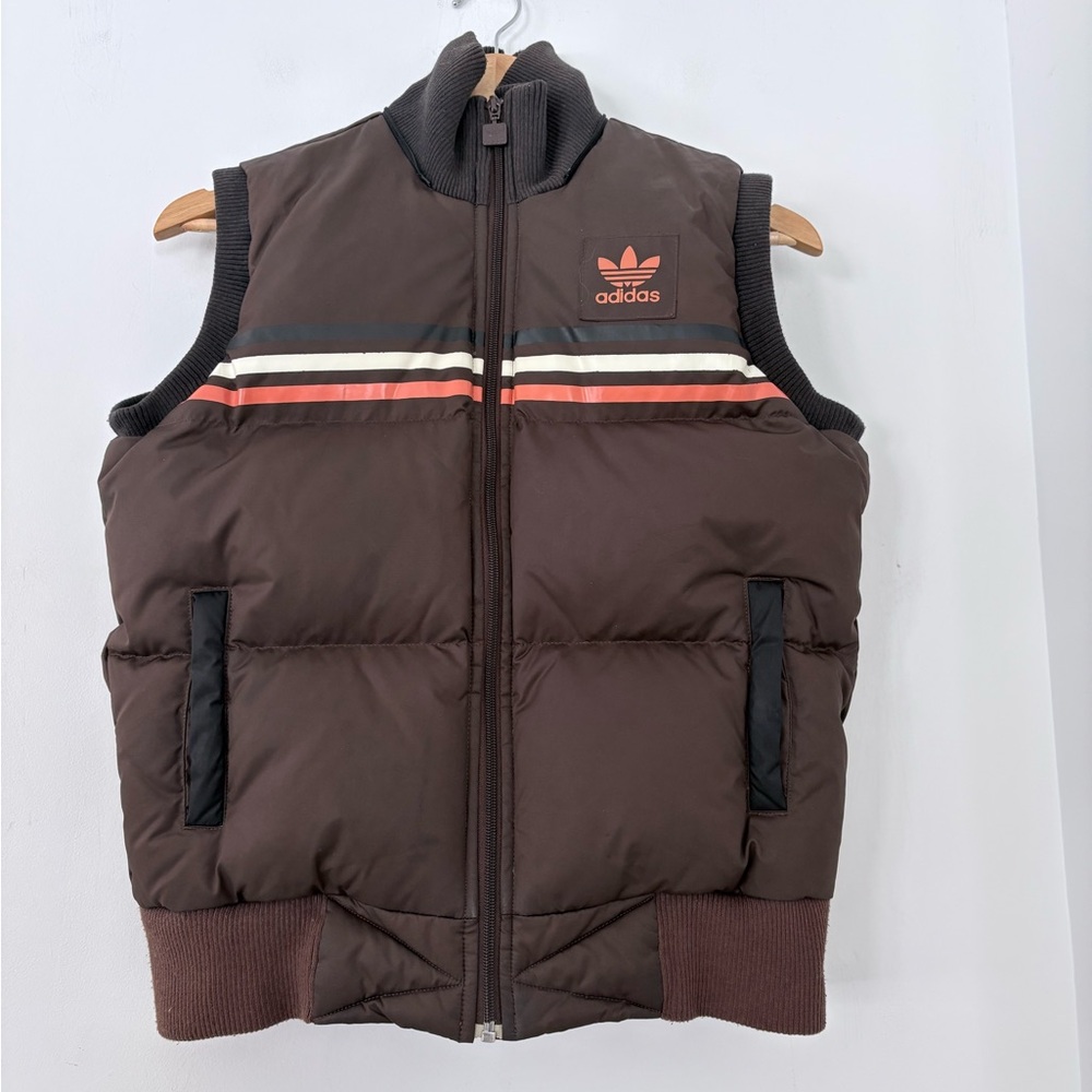 VTG 2005 ADIDAS Feather Down Vest Originals Full Zip Brown Adult MED Stripe Ski